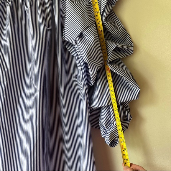 Ruffle Sleeve Off Shoulder mini dress Blue White Stripe Cotton Blend M - Picture 7 of 10